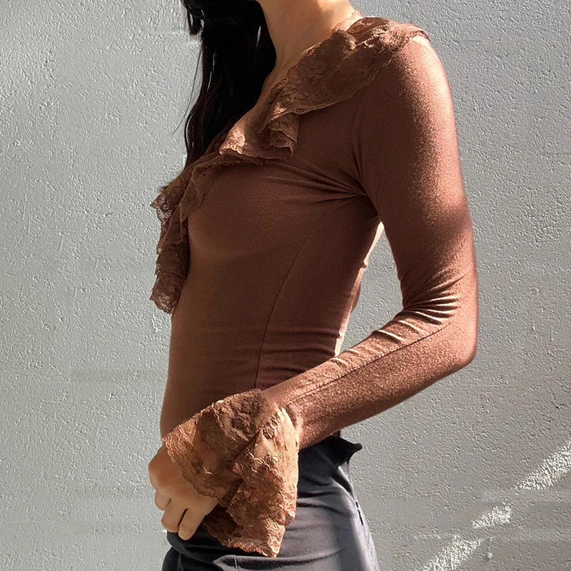 Lace Ruffles Neck Brown T-shirt Y2k Long Sleeve Fitted Top Stylish 2000s Tee Fall