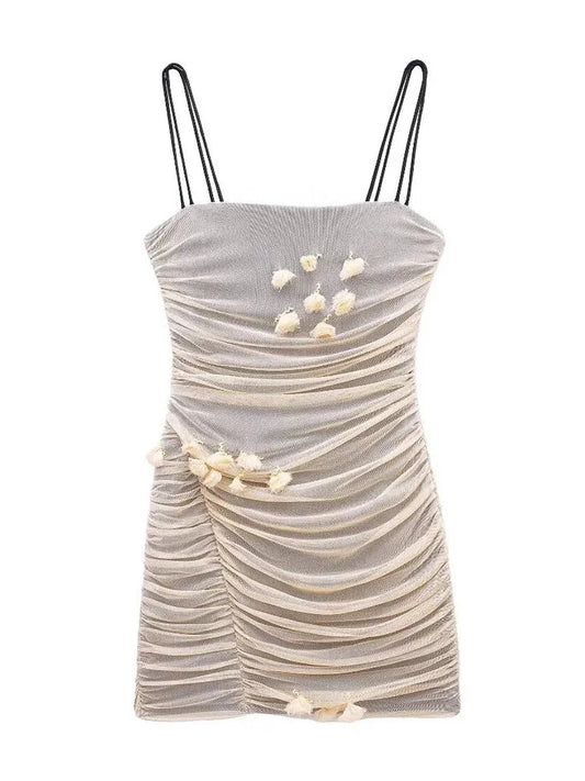 Summer Female Slip Mini Dress Mesh Ruched Sleeveless Dresses Female Backless Slim Dress