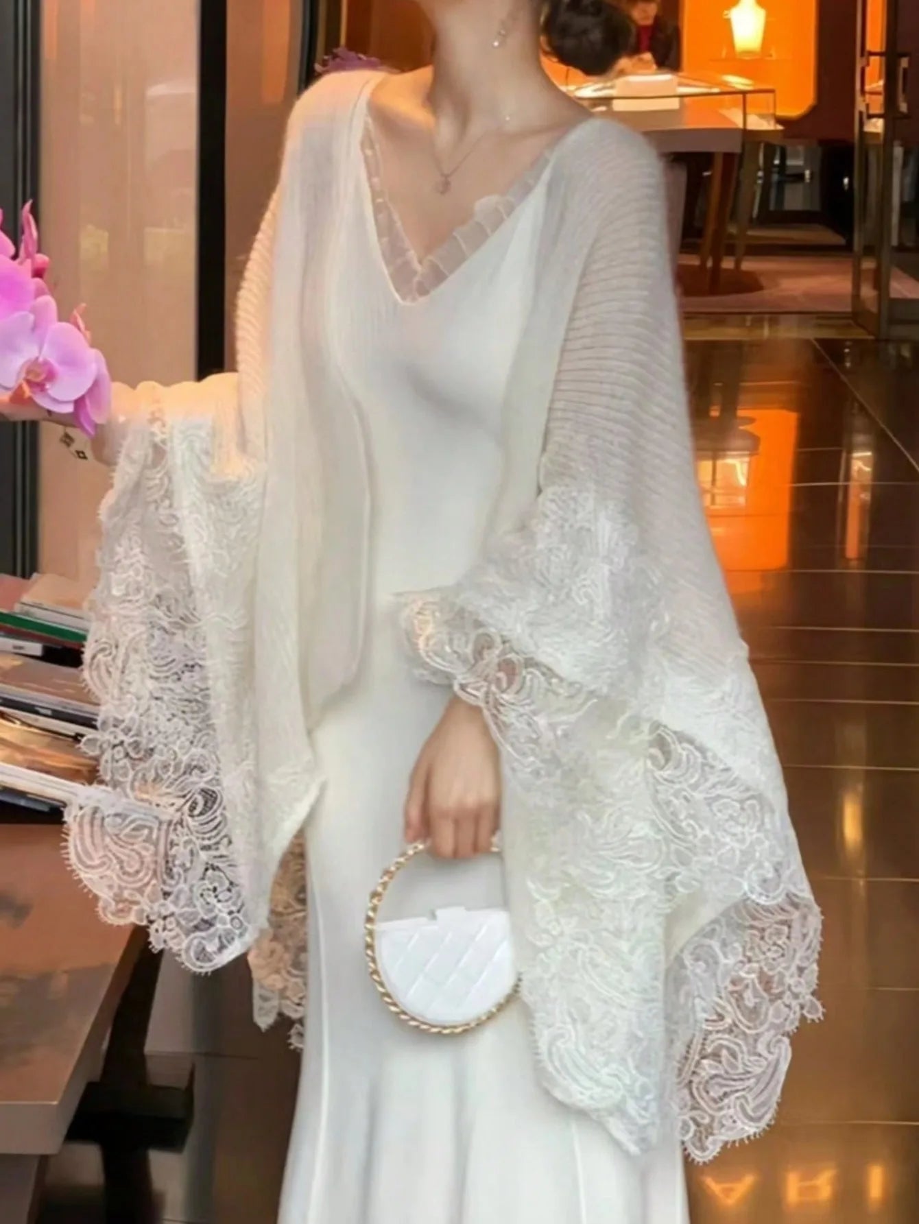 Knitted 2 Piece Set Lace Spliced Shawl Mermaid Dress Outfits Autumn Winter Sweater Party Clothes New