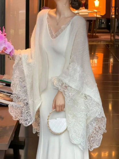 Knitted 2 Piece Set Lace Spliced Shawl Mermaid Dress Outfits Autumn Winter Sweater Party Clothes New