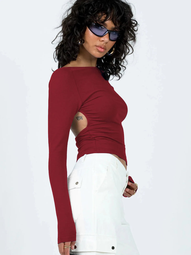 Y2k European and American Summer Open Back Top Long Sleeved Spicy Girl Shoulder T-shirt ’s Wear