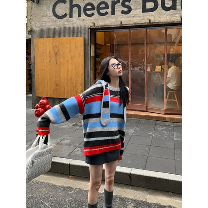 New Retro Detachable Hooded Lazy Style Striped Sweater Female Autumn/winter Loose Knitted Pullovers Sweaters Tops