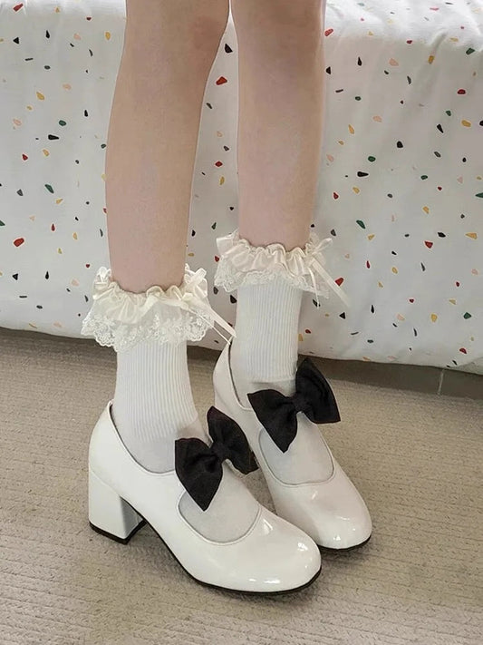 Sweet Round Toe Mary Janes Bow Detail Block Middle Heels Classic Dress Party Summer Shoes