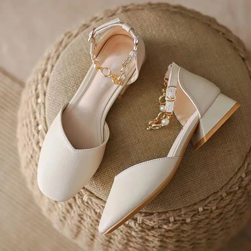 Summer Shoes Pearl Square Heels for Office Work Medium Sandals Woman Footwear H on Offer Designer Original