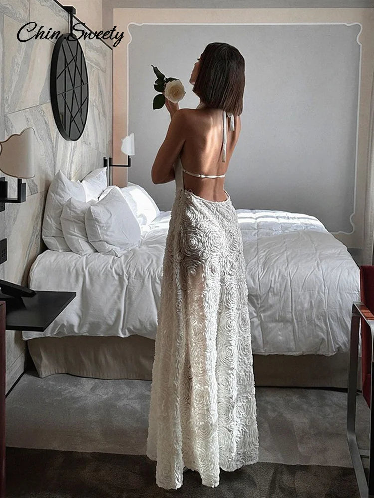 Hang Neck 3d Flower White Long Dress Halter Backless Pleat Sheath Spliced Dresses Summer Lady Party Beach Robes