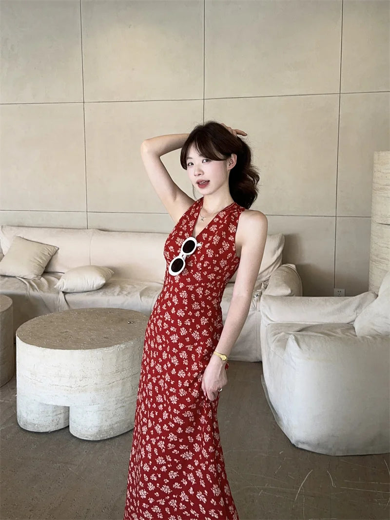 Halter Dresses Beach Style Hollow Out Spring Summer Long Dress Korean Vestidos Mujer