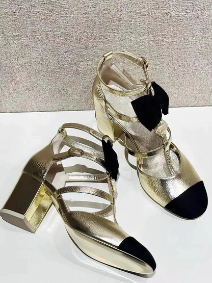 Block Heels Sandals Gold Metallic Effect Rhinestone Pearl Decor Ttied Bow Sweet Patchwork Design Shoes Hollow