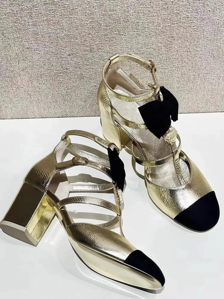 Block Heels Sandals Gold Metallic Effect Rhinestone Pearl Decor Ttied Bow Sweet Patchwork Design Shoes Hollow