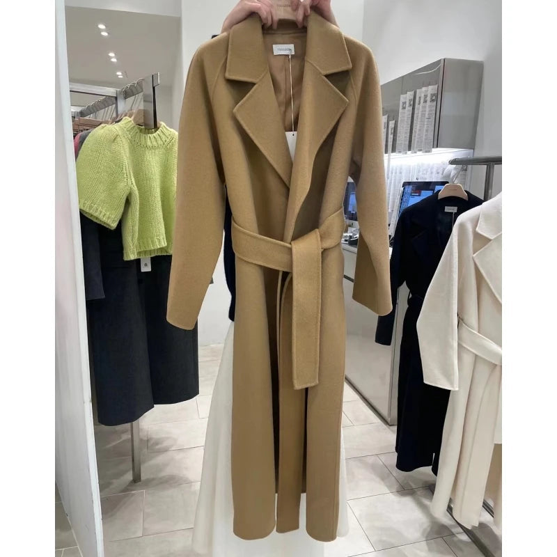 Long Woolen Coat With Belt Autumn Winter New Lapel Long Sleeve Outerwear Overcoat
