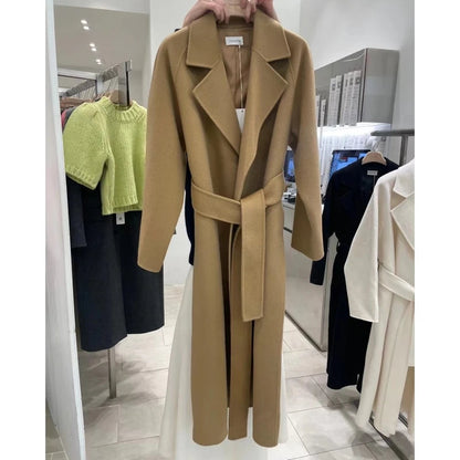 Long Woolen Coat With Belt Autumn Winter New Lapel Long Sleeve Outerwear Overcoat