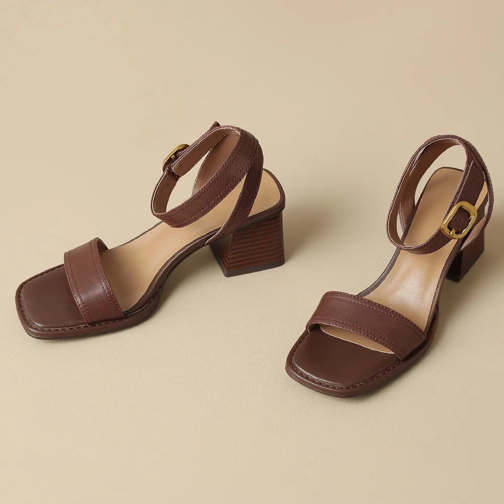 Genuine Leather Sandals Narrow Band Ankle Strap 6cm Thick Med Heel Open Toe Summer Pumps Heels Shoes for 42