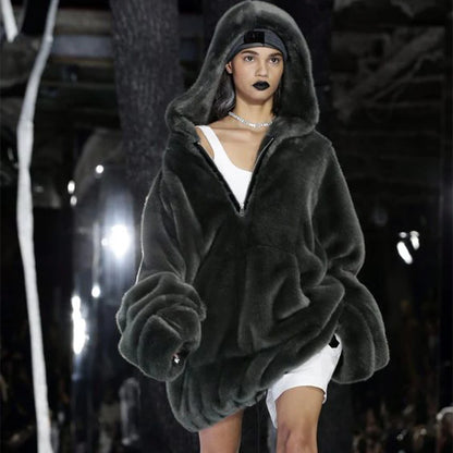 Runaway Brand Faux Fur Long Coat Big Pocket Warm Jacket Zip Hooded Fake Rabbit Fur Plush Overcoats