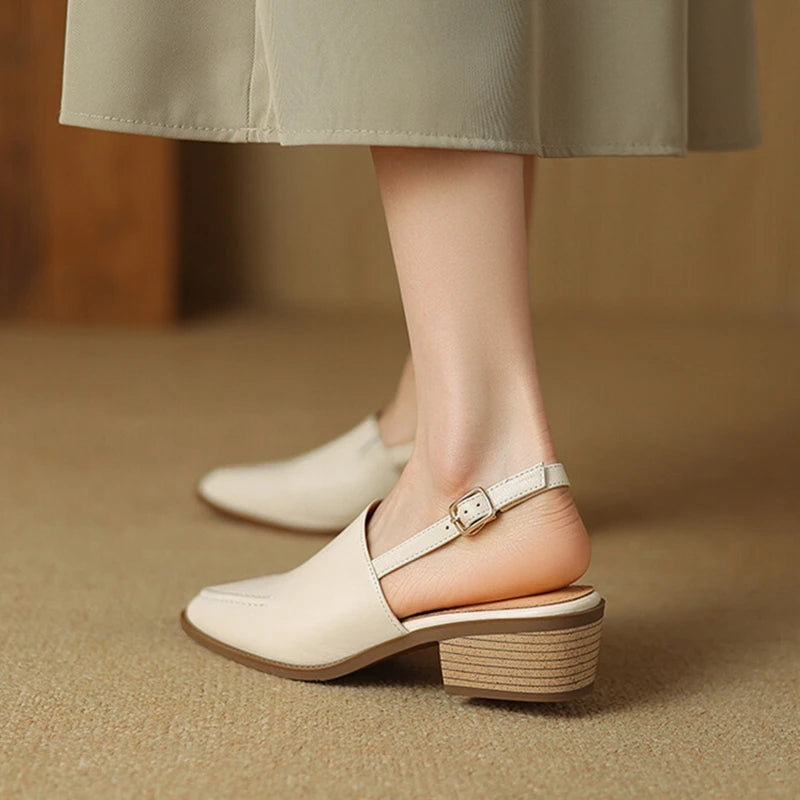 New Summer Sandals Genuine Leather Shoes for Pointed Toe Chunky Heel Shoes Simple Cover Toe Slingback Buckle Sandals