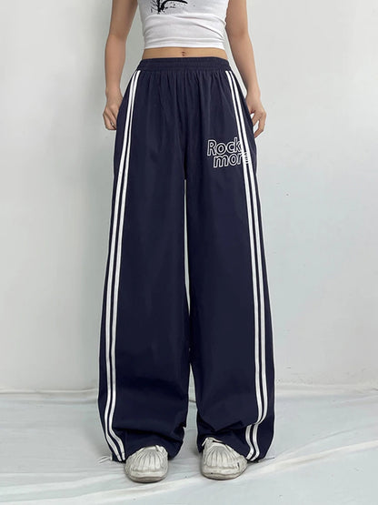 Side Stripe Elastic High Waist Loose Straight Leg Pants Letter Print Street Style Hippie Baggy Trousers Preppy