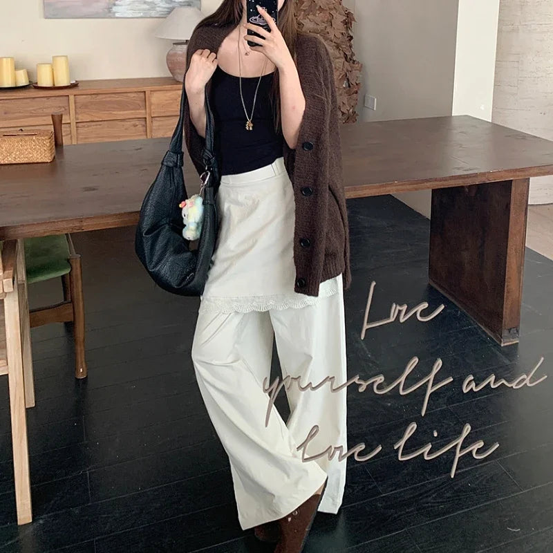 High Waist Laceup Color Wide Leg Pants Autumn New Fake Twopiece Lace Stitching Loose Pants