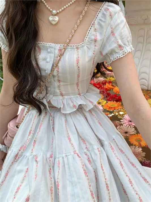 Summer Korean Ruffles Fairy 2 Pieces Set Square Collar Princess Kawaii Print Blouse+high Waist Skirts Suits