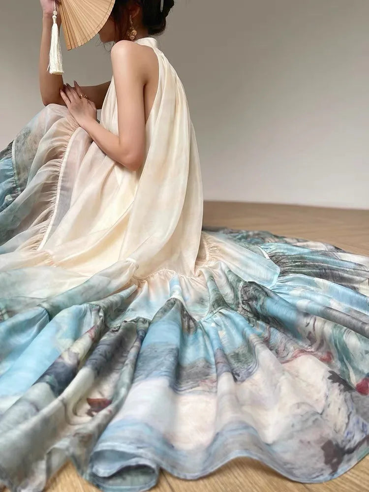 Summer Print Midi Dress Sleeveless Aline Pleated Party Birthday Dresses Female Clothes Robe New