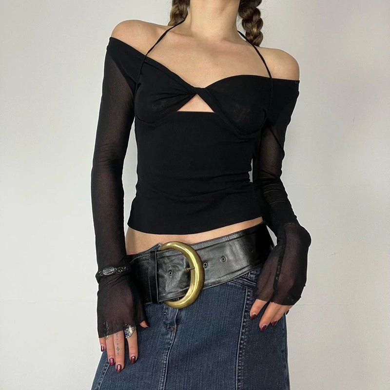 Stylish Cut Out Front Black Top for Mesh Long Sleeve V-neck Halter T-shirt Autumn Fitted Tees