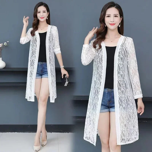 Summer Sun Protection Lace Cardigan Mid-length Mesh Shawl Loose Clothing Jacket Shirt Outerwear