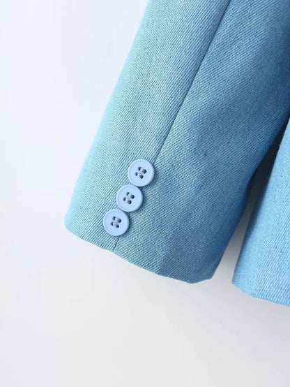 Spring Denim Blazer for Long Sleeves Pockets Lapel Single Button Jacket Female Loose Causal Coat