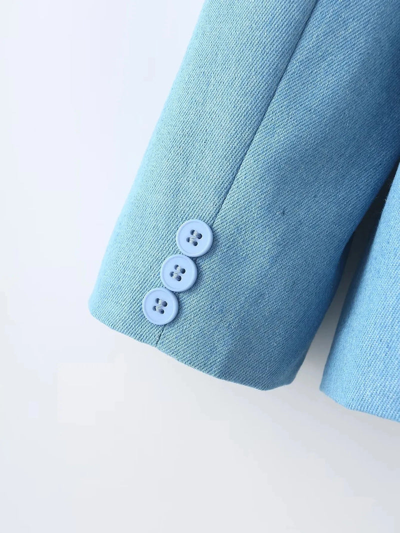 Spring Denim Blazer for Long Sleeves Pockets Lapel Single Button Jacket Female Loose Causal Coat