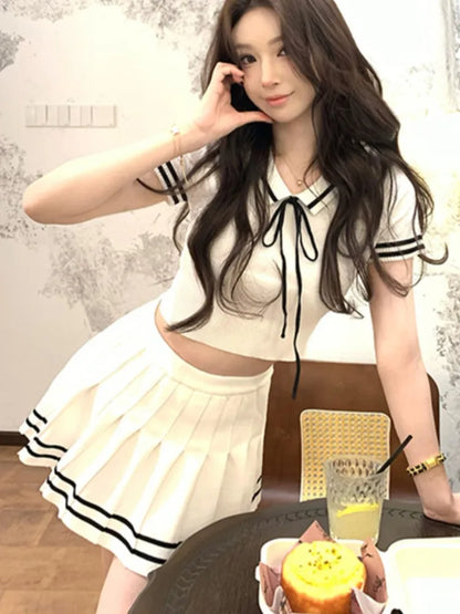Korean Knitted Two-piece Set Short Sleeve Patchwork Cropped Top Pleated Mini Skirt Preppy Style Outfits New