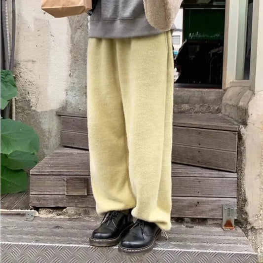 Summer Korean Retro High Street Hairy and Thick Low Waist Trousers Wide Leg Pants