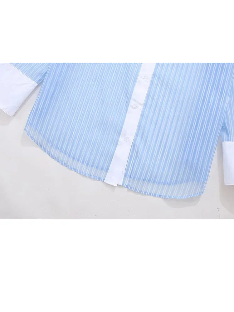 Spring Shirt Woman Blue Striped Lapel Long Sleeve Single Breasted Female Transparent Blouse