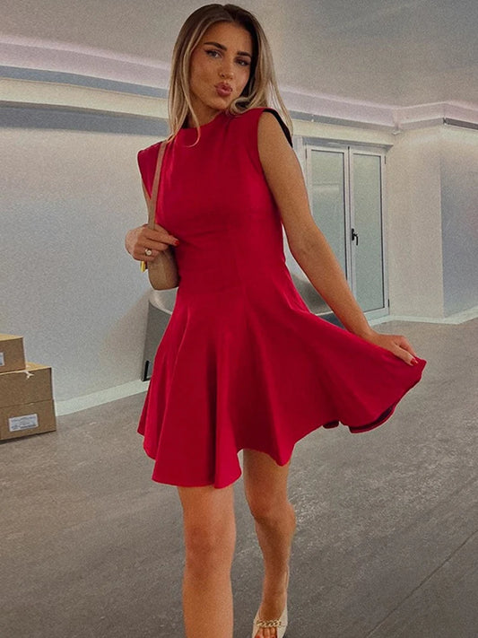 Sleeveless Folds Mini Dress ’s Color High Waist Outfits Half Turtleneck Club Party Dress A-line