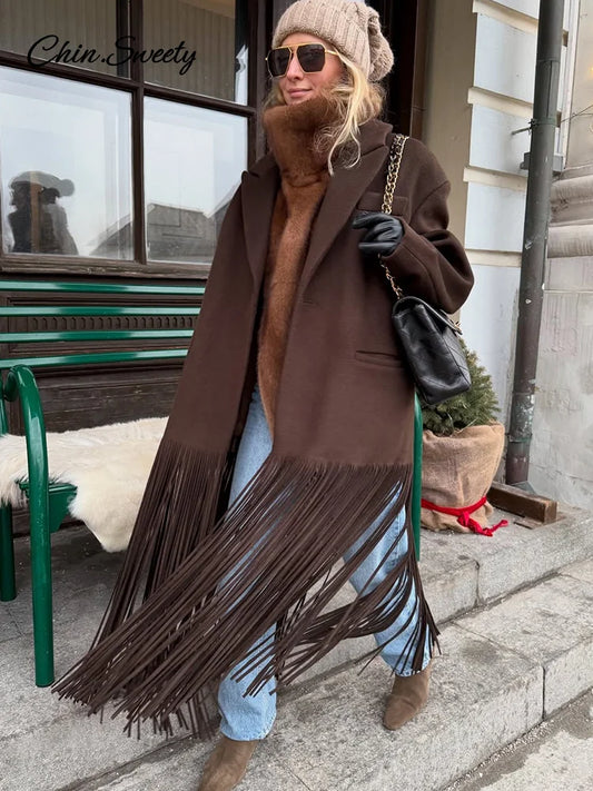 Woolen Tassel Long Coat Brown Single Breasted Long Sleeve Lapel Loose Jacket Spring High Street Outerwear