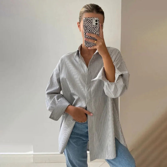 Autumn Striped Blouses for Basic Turndown Collar Long Sleeve Shirt Female Blouses