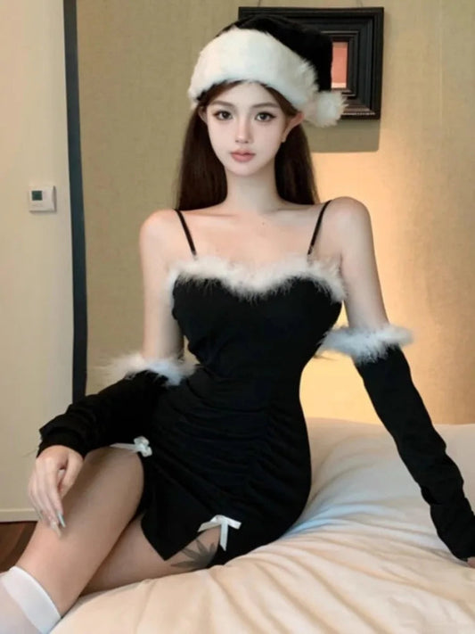 Mini Dresses Furry Patchwork Sleeveless Bow Slim Split Backless Autumn Winter Basic Clubwear Party Dress