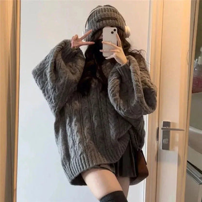 Autumn Winter Sweater Harajuku Oversized Knitted Pullovers Korean Long Sleeve V Neck Knitwear Preppy Loose Jumper