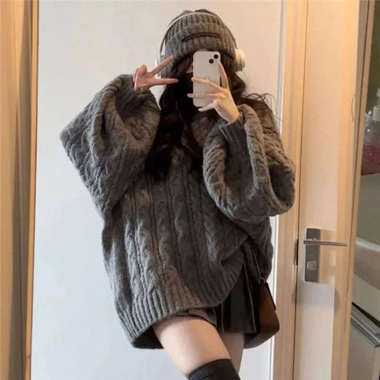 Autumn Winter Sweater Harajuku Oversized Knitted Pullovers Korean Long Sleeve V Neck Knitwear Preppy Loose Jumper