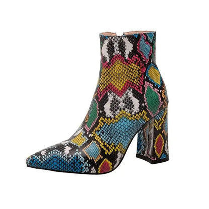 Snake Print Pu Leather Ankle Boots Zip Pointed Toe Footwear Block High Heels Female Boot Winter Party Shoes New 43