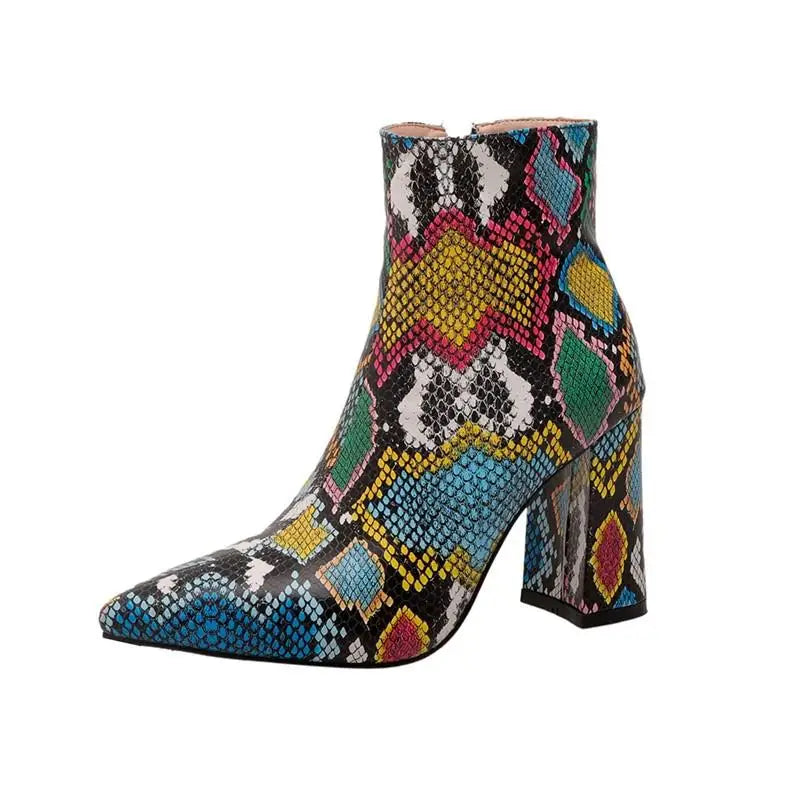 Snake Print Pu Leather Ankle Boots Zip Pointed Toe Footwear Block High Heels Female Boot Winter Party Shoes New 43
