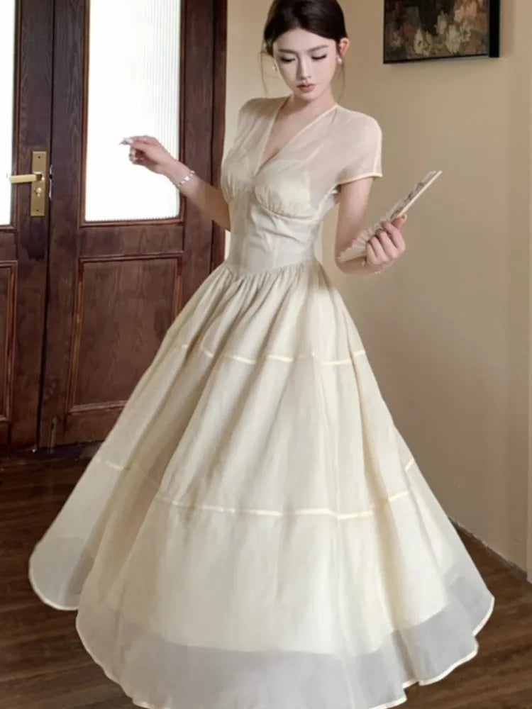 Long Dresses for V-neck A-line Birthday Party Dress French High Waist Summer New Prom Retro Vestidos Mujer