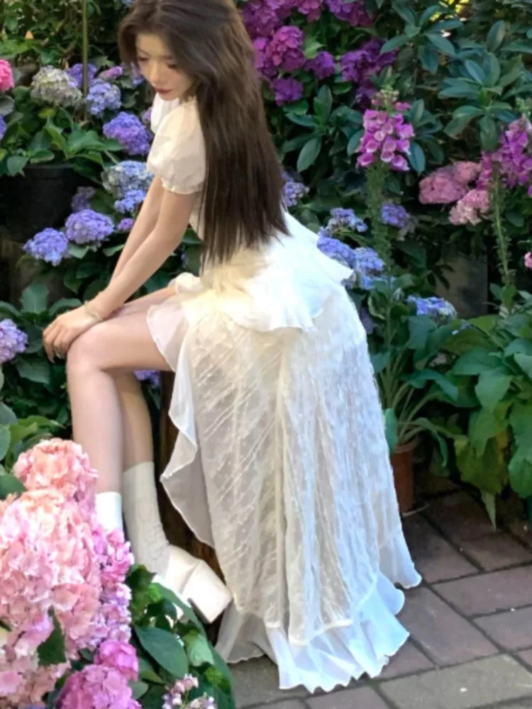 Y2k Irregular Ruffles Midi Dresses for Puff Sleeve Square Collar A-line French Birthday Party Dress Prom Vestidos