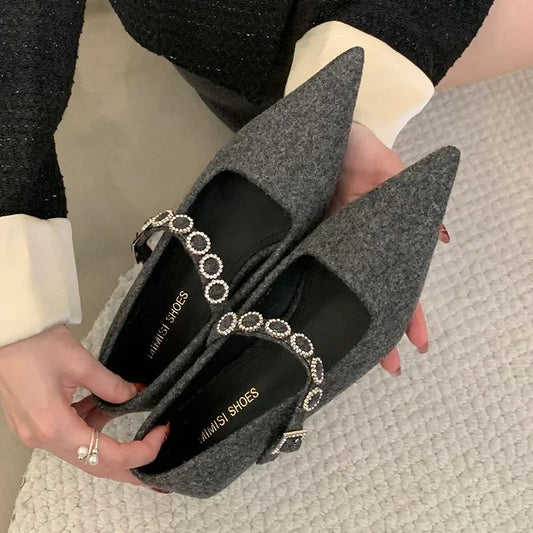 Satin Rhinestone Pointed Toe Buckle Shallow Low Heeled Shoes Wedding Pumps