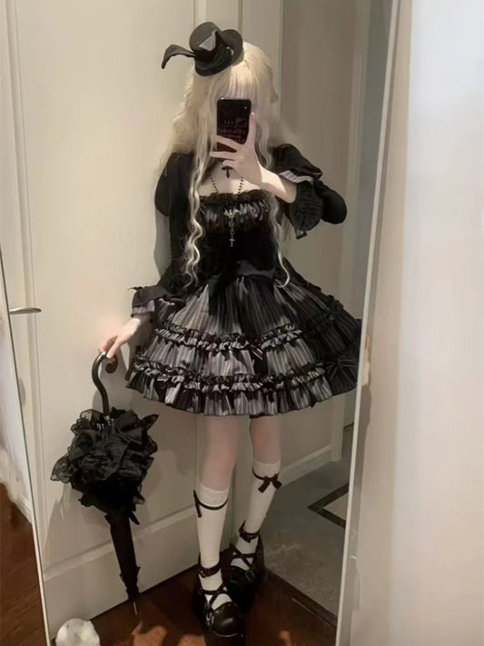 Gothic Black Lolita Sets Y2k Crop Top Blouse + Plaid Mini Skirts Japanese Kawaii 2 Piece Sets Clothing