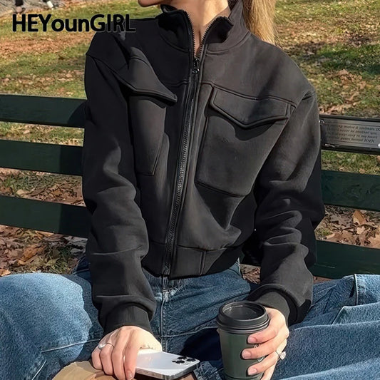 Pocket Sweatshirt Color Zipper Crop Jacket Autumn Outfits Turtleneck Y2k Coat