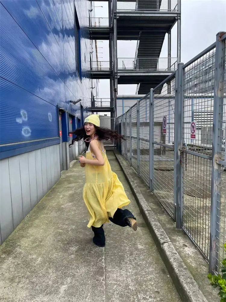 Summer French Vacation Style Lemon Yellow Splicing Lace Bow Strap Camisole Dress for Thin Loose Aline Long Dress