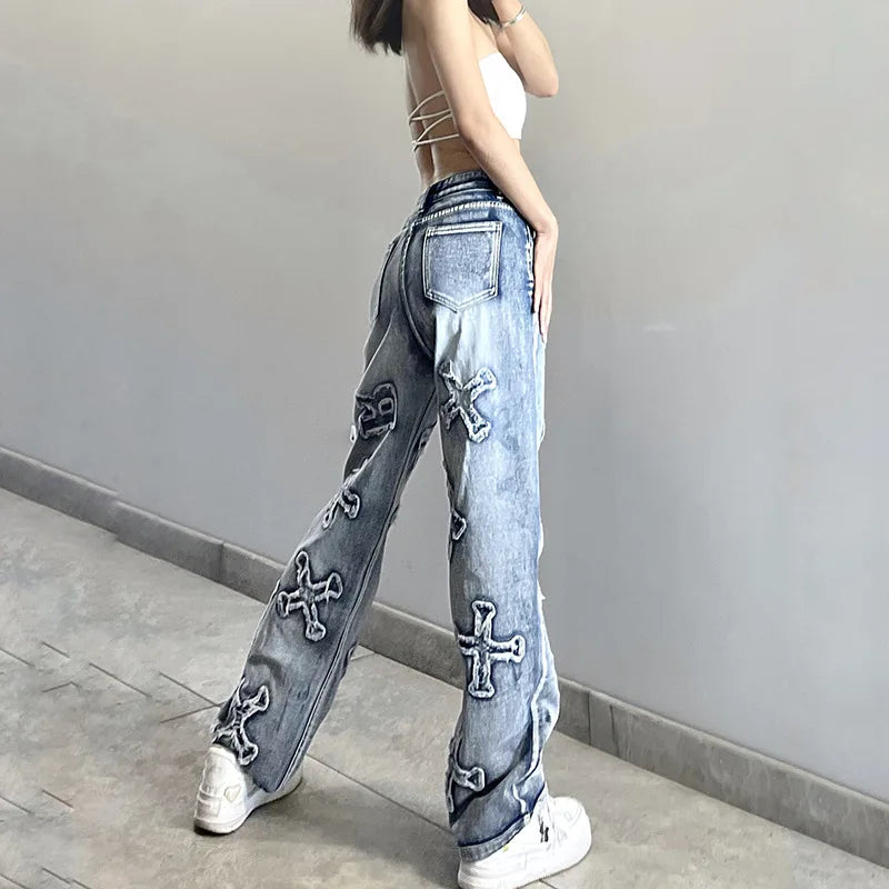 Patchwork Jeans Y2k Baggy Straight Cargo Pants Punk High Waist Wide Leg Denim Trousers 90s
