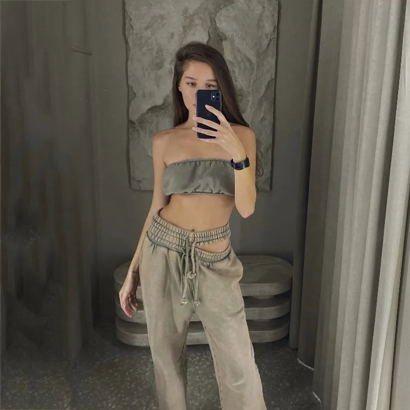 Sweatpants Gray Loose Wide Leg Trousers Hollow Out Female Clothing