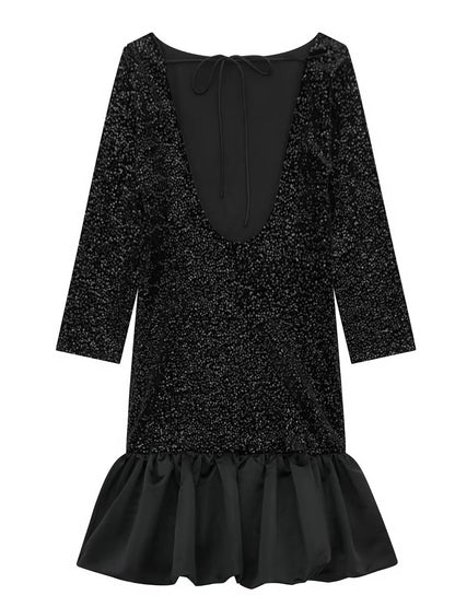 Sequined Patchwork Mini Dress Woman Backless Laceup Long Sleeve Oneck Short Vestidos Evening Party Dresses