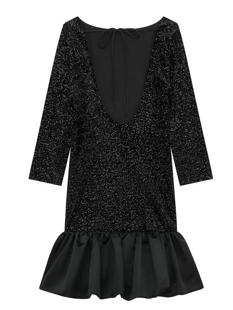 Sequined Patchwork Mini Dress Woman Backless Laceup Long Sleeve Oneck Short Vestidos Evening Party Dresses