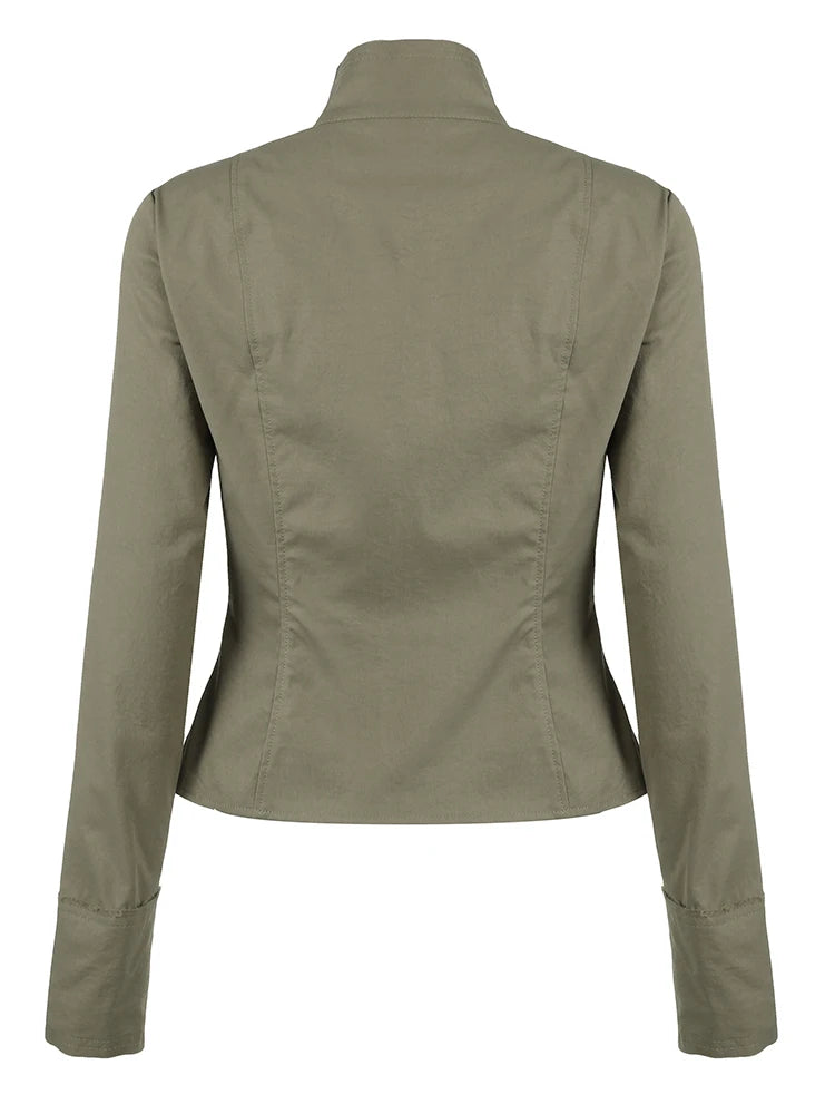 Retro Green Slim Cargo Jackets Button Up Stand Collar Long Sleeve Autumn Korean New Outwear