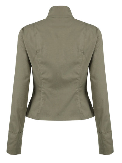 Retro Green Slim Cargo Jackets Button Up Stand Collar Long Sleeve Autumn Korean New Outwear