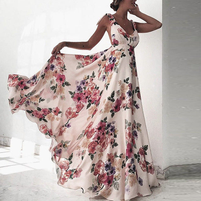 Flower Print Bowknot Leace-up Sleeveless Long Dresses V-neck Backless Evening Party Maxi Dress Spring Summer New