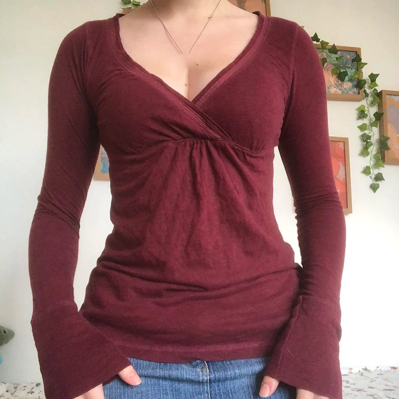 Y2k Grunge Burgundy T-shirt 00s V Neck Long Sleeve Tees Retro Milkmaid Tops Autumn Techwear Clothes